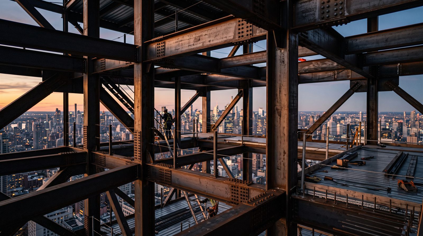 Placeholder photography: structural steel framing on an active Vanguard Construct site.