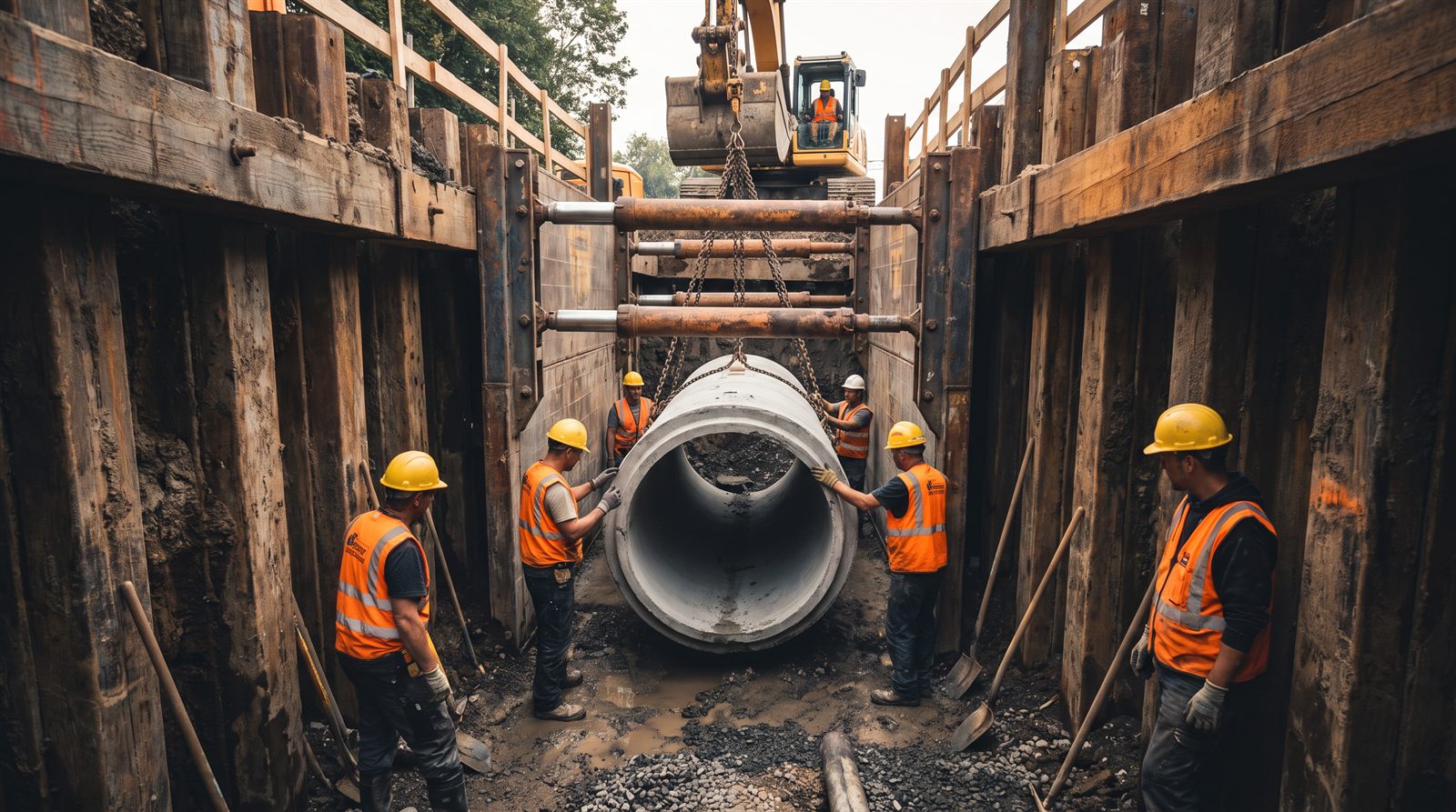Placeholder photography: utility crew in a shored trench.