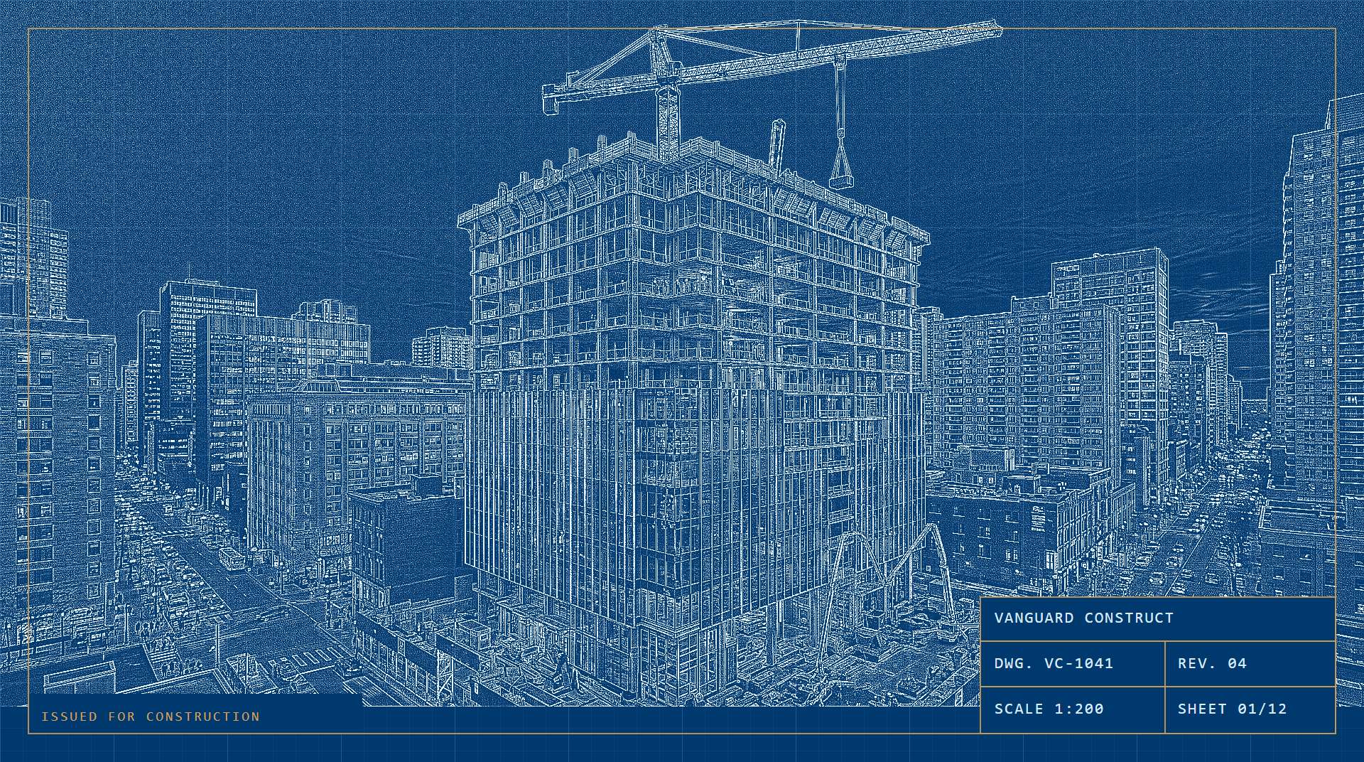 Placeholder drawing: the same Nexus Commercial Tower view rendered as an issued-for-construction line drawing.