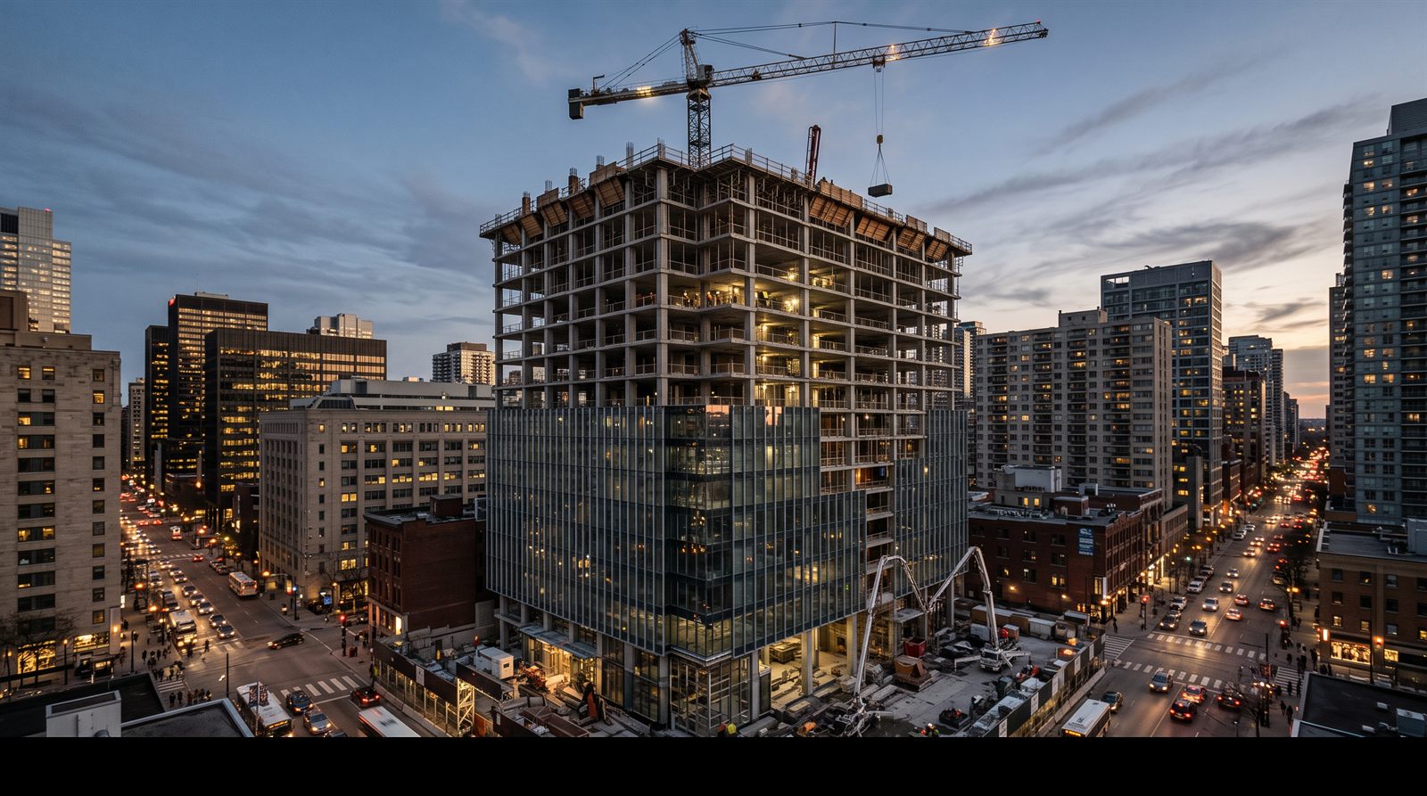 Placeholder photography: Nexus Commercial Tower at dusk.